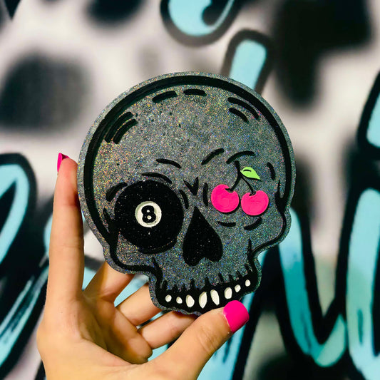 Skull with cherry and 8 ball eyes