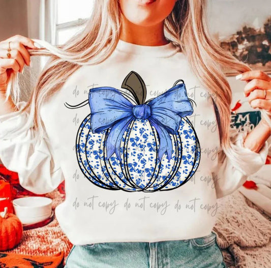 Blue Flower Pumpkin With A Bow